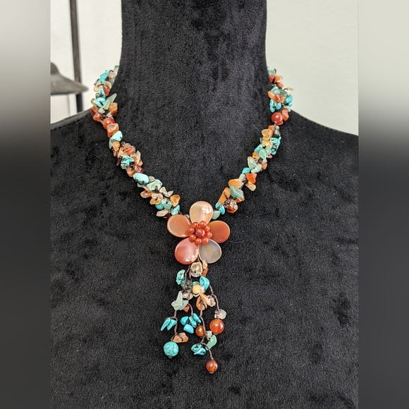 Vintage Carnelian Flower Chip Bead Necklace - Picture 1 of 11